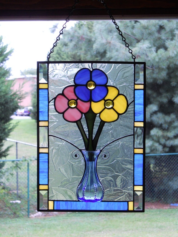 Flower Bouquet in Vase Stained Glass Panel