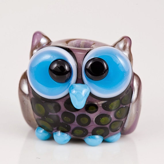 Violet Blue Owl Lampwork Glass Bead 7534