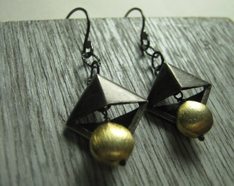 Black Gold Pyramid Dangle Earrings Oxidized Sterling