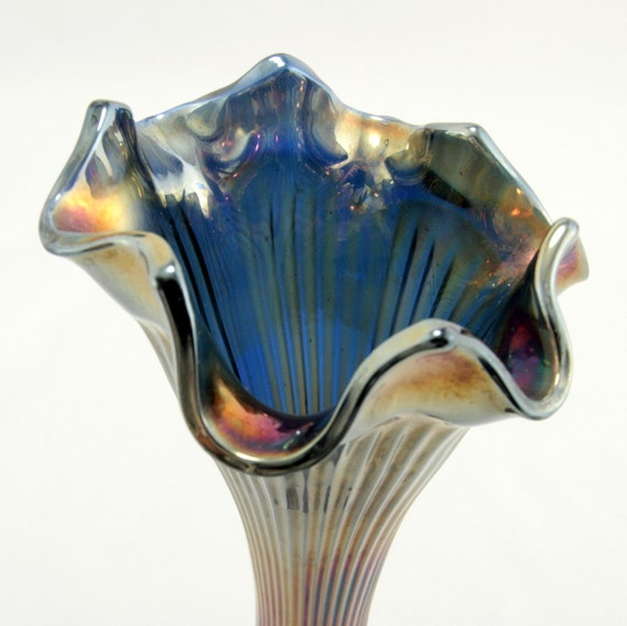 Fenton Fine Rib Cobalt Blue Carnival Glass Vase by charmings