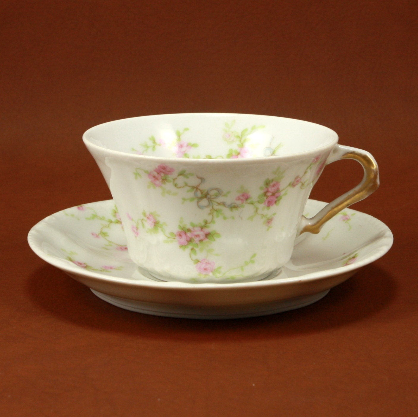 Limoges Haviland China Teacup Saucer Pink Roses Blue Ribbons