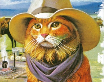 Cat in a Western Cat on ONE 16 inch Square Fabric Panel to Quilt or Sew. Actual picture is 8.5" x 8.5" on white background.