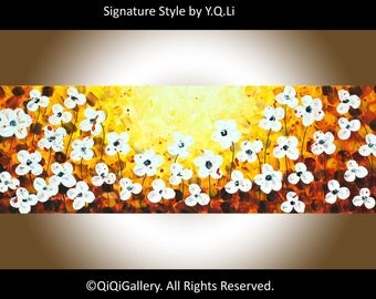 Abstract White flowers art acrylic Painting Heavy Texture Impasto Palettle Knife Wall Art wall decor "Sunset Flowers" by QIQIGALLERY