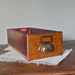 Vintage wood drawer box with brass label holder and drawer pull - hardware library catalog