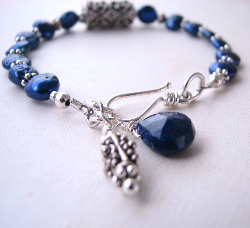 Lapis Jewelry casual Bali silver blue pearl and lapis bracelet