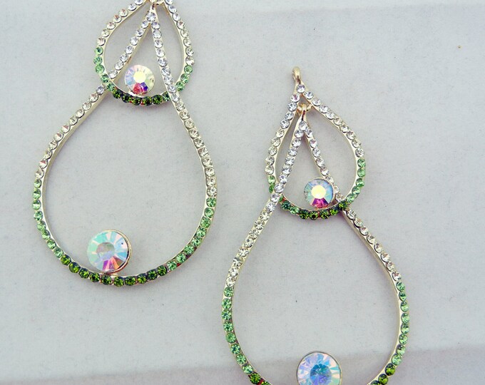 Pair of Gold-tone Green Peridot Rhinestones Teardrop Outline Charms