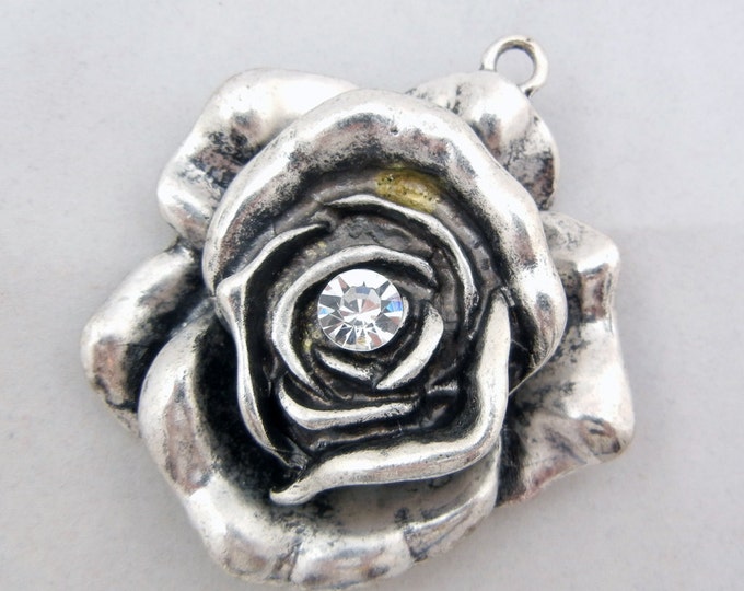 Large Rose Charm Pendant Rhinestone Center Antique Silver-tone