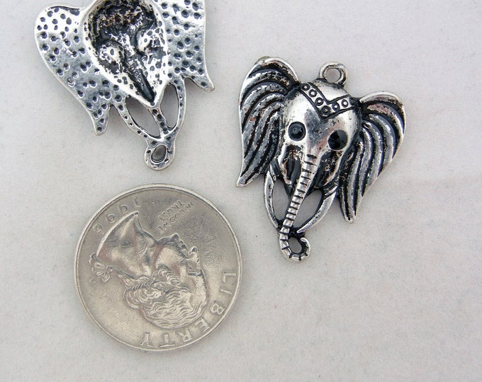 Antique Silver-tone Elephant Head Charms with Black Rhinestone Eyes