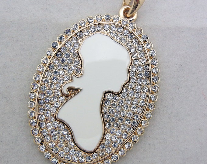 Gold-tone White Epoxy Rhinestone Cameo Pendant