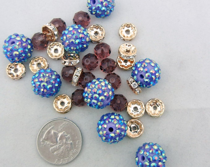 Set of Mixed Beads Iridescent Blue and Purple and Gold-tone