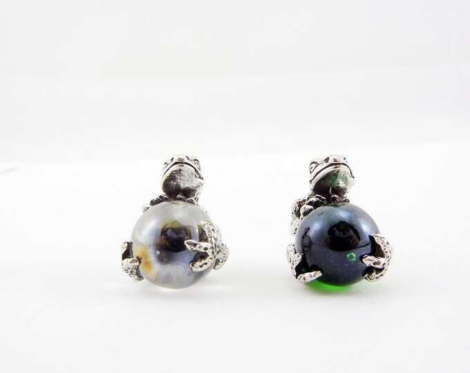One Pewter Frog Charm Pendant with Glass Marble- Choose Your Color