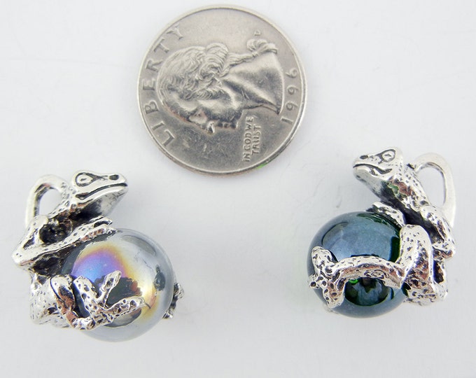 One Pewter Frog Charm Pendant with Glass Marble- Choose Your Color