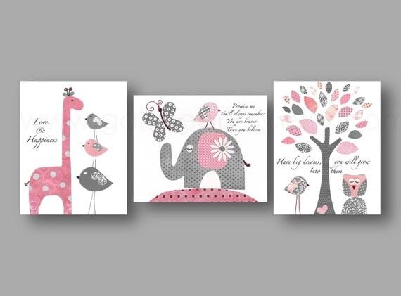 Promise me Have big dreams Nursery wall art baby nursery giraffe elephant tree Birds owl pink gray Set of three prints by GalerieAnais