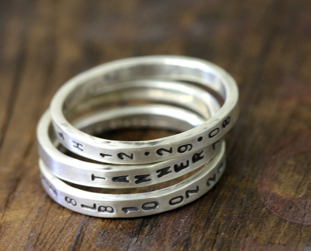 Custom Stamped Sterling Silver Ring Thin Band Set of 3
