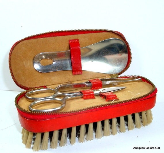 Vintage Shoe Brush Kit , Grooming, Travel Kit, Shoe Horn, Tweezer ...