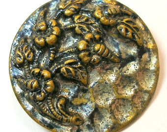 1800s LG BUTTON, Victorian wildflowers in metallic blue on brass.