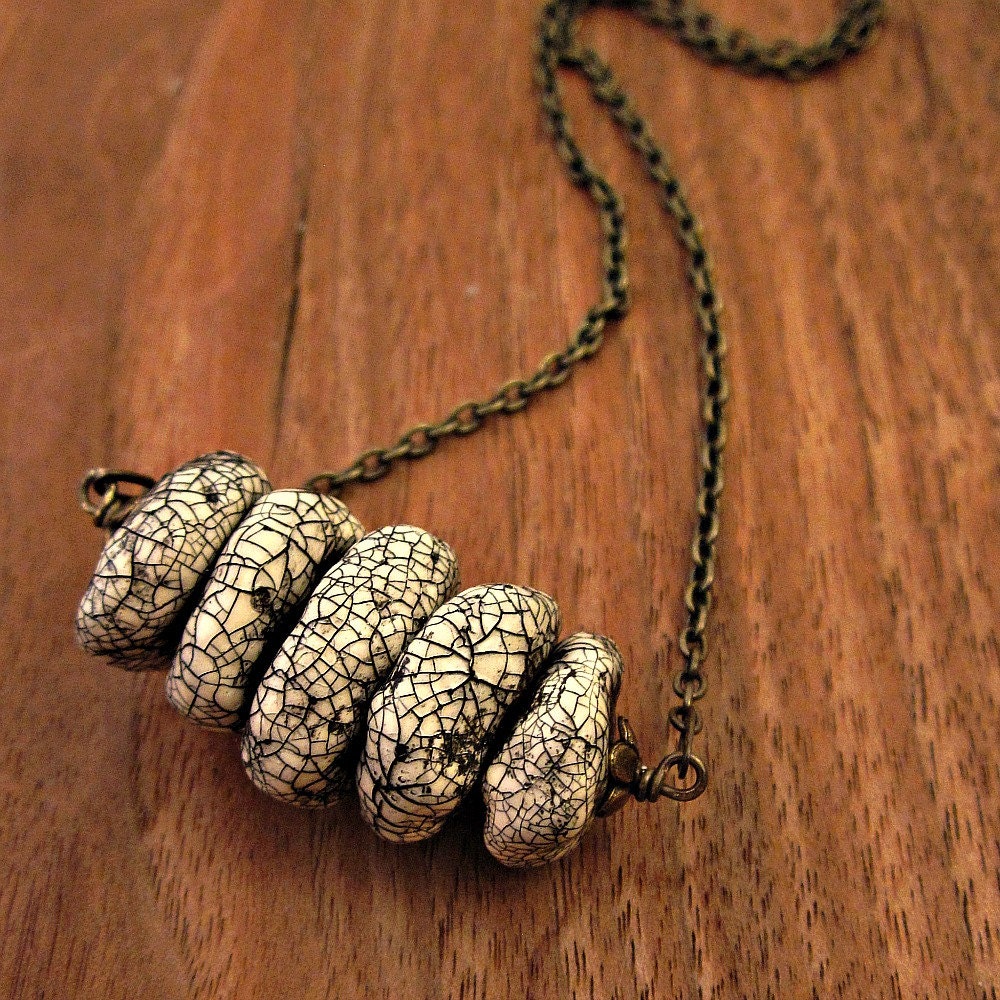 Paper Mache Pendant Necklace with White Crackled Handmade