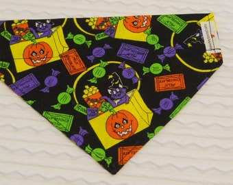 Halloween Dog Bandana with Candy & Cat Sizes S to L in Over Dog Collar Style