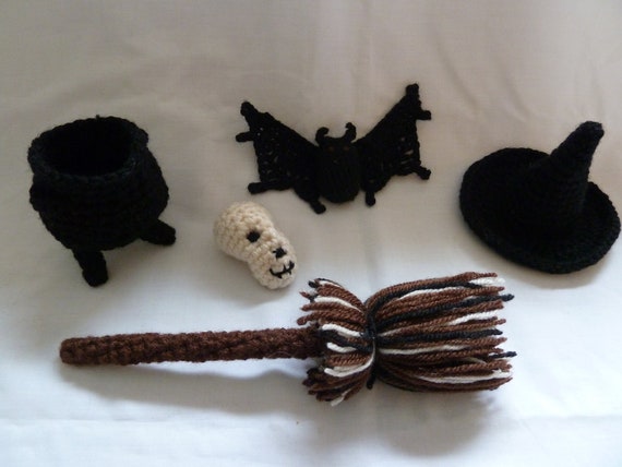 Crochet Bat Skull Cauldron Pattern pdf - includes Witch's Hat Broom - Wizard Witch Magic Sorcery Spells -  Halloween Amigurumi