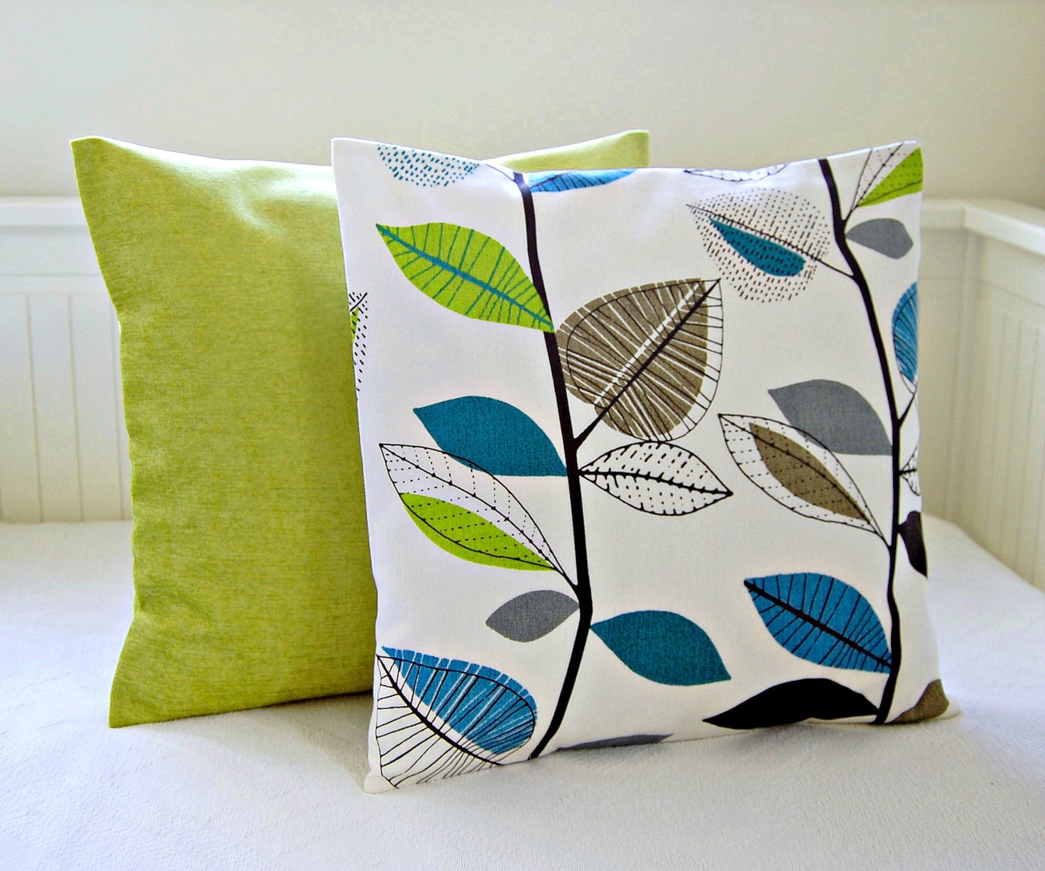 decorative pillows teal blue lime green leaves accent lime