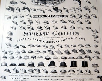 Vintage Advertsing Poster Millinery and Fancy Goods Black and White Poster Size Book Plate