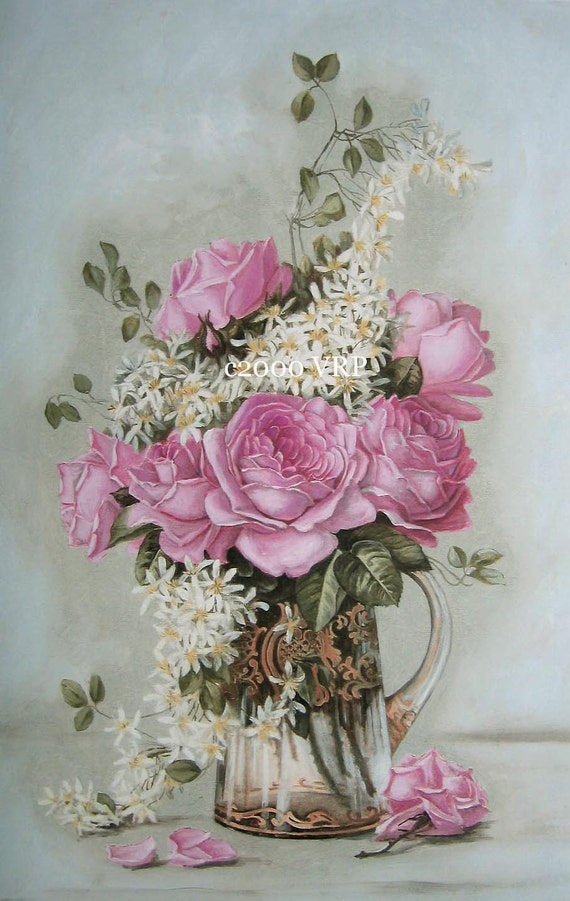 PRINT FREE Ship Paris Pink Cottage Roses by VictorianRosePrints