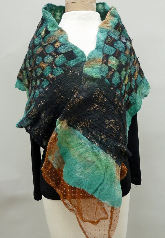 Items similar to Woven Nuno Felted Wet felted Scarf in Black Green on Etsy