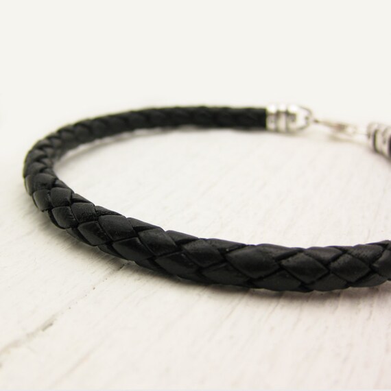 Mens Bolo Braided Bracelet / Black Leather and Sterling Silver