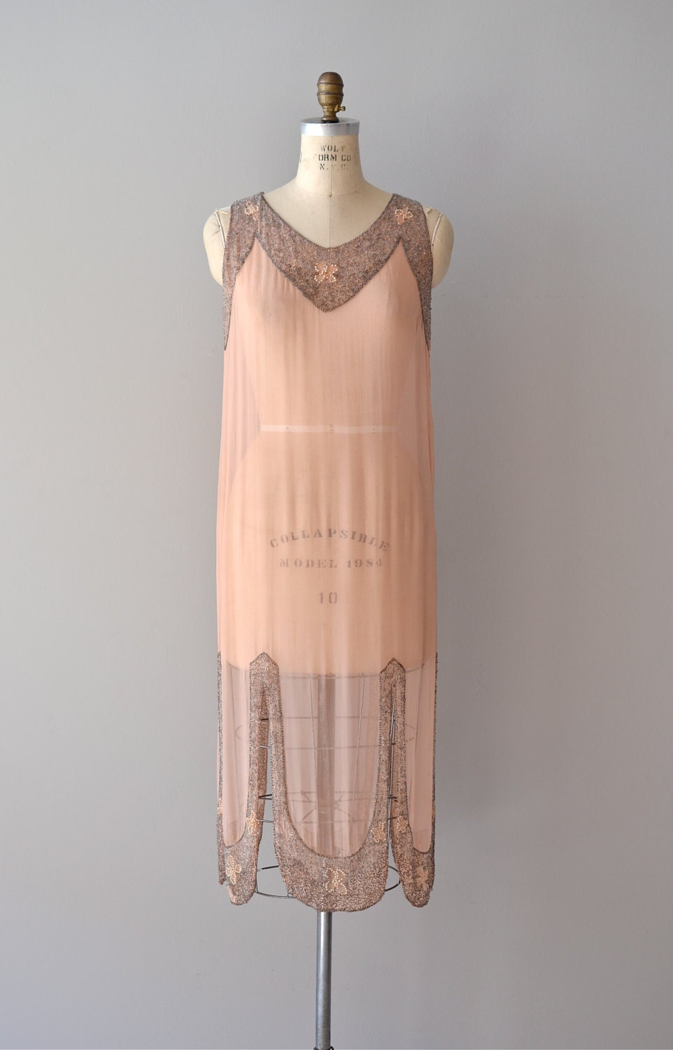 1920s Brown Silk Beaded Dress | XS-M