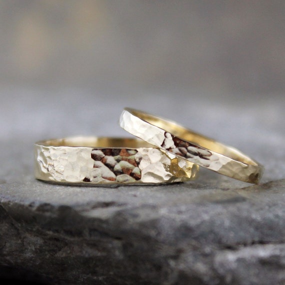 His and Hers 10K Yellow Gold Wedding Bands - Hammered Finish ...