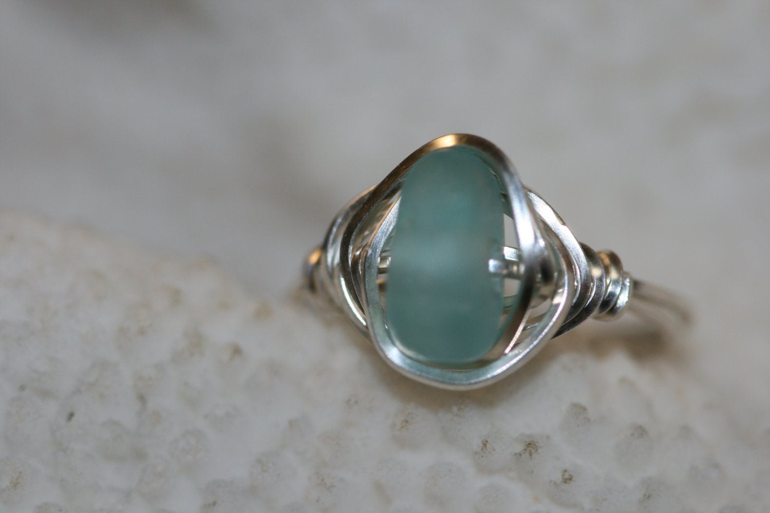 Aqua sea glass beach glass ring wire wrapped in sterling