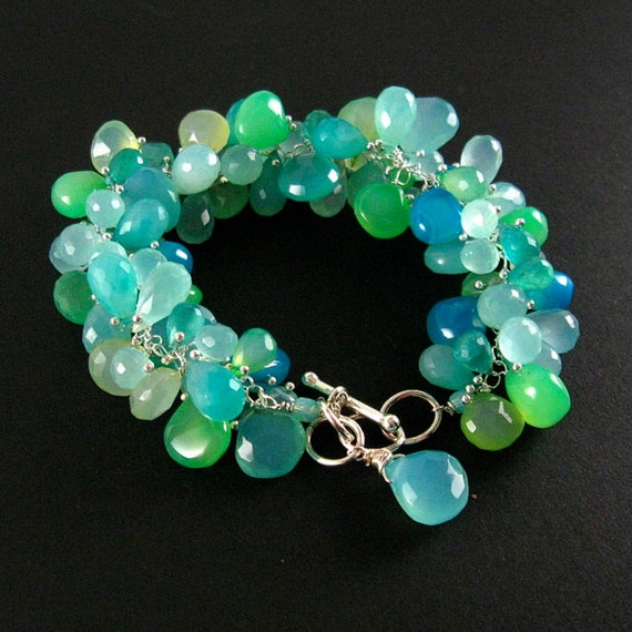 Aqua and Turquoise Chalcedony Cluster Sterling Bracelet