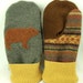 Men Felted Wool Mittens Bear Sweater Mittens Grey, Brown and Yellow Bear Applique Fleece Lining Leather Palm Eco Friendly Upcycled