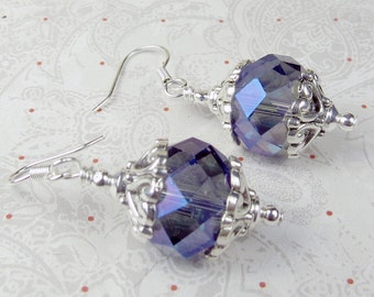 Medium Blue Crystal faceted Rondel earrings with silver plated bead caps for holidays