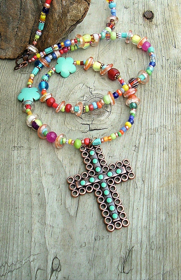 Boho Colorful Cross Necklace Colorful Beads Cross Pendant