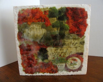 7.5 X 7.5 Antiquites du Jardin / Encaustic Mixed Media Collage on Solid Pine / Autumn / Fall / Harvest / SFA (Small Format Art)