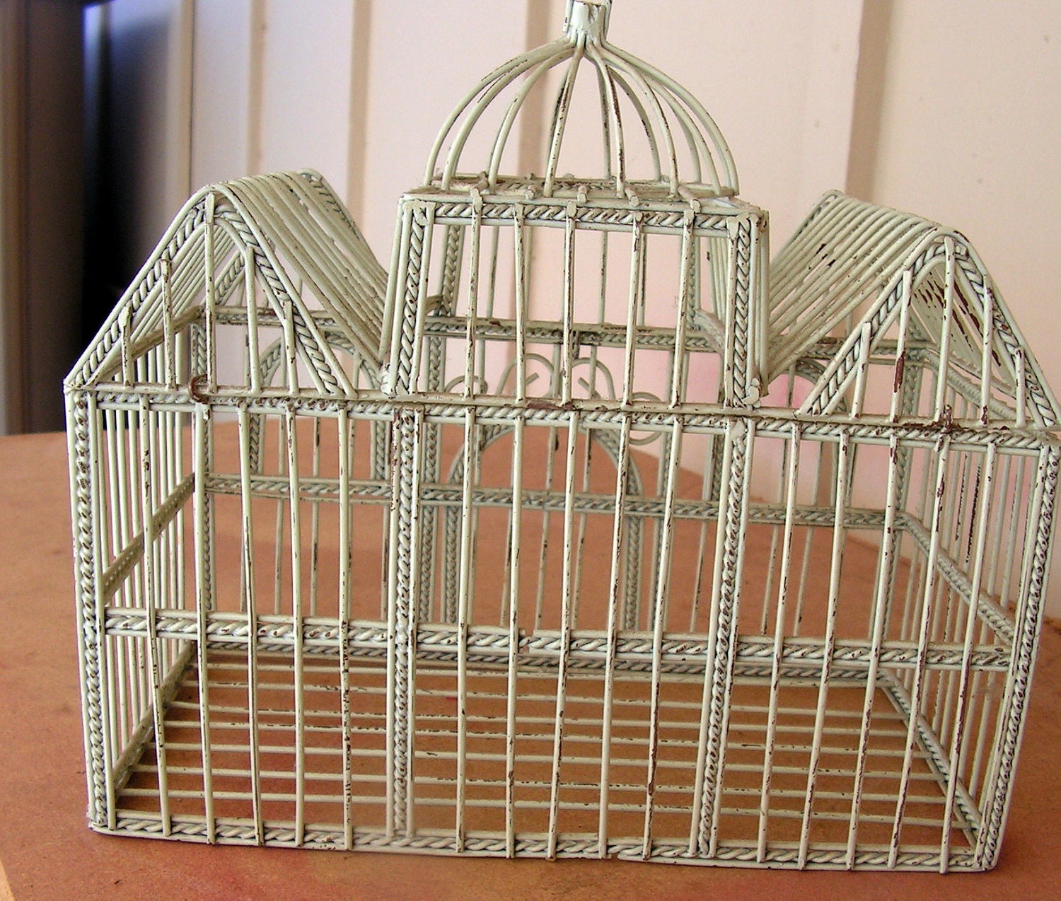 Vintage White Wire Bird Cage Decorative Shabby by retrosideshow