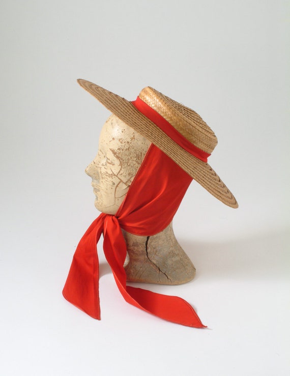 1950's Straw Brim Hat Venetian Gondolier Style with Red