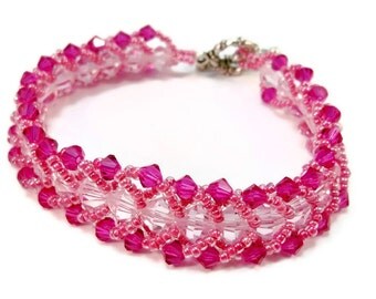 Pink Hand Beaded Bracelet, Beaded Cuff Bracelet, Pink Crystal Bracelet, Bead Weaving