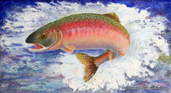 Items similar to World Class Rainbow Trout Jumping Trophy Oil Painting ...