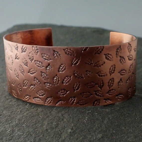 Stamped Copper Cuff Bracelet Leaves by MetalworksJewelry on Etsy