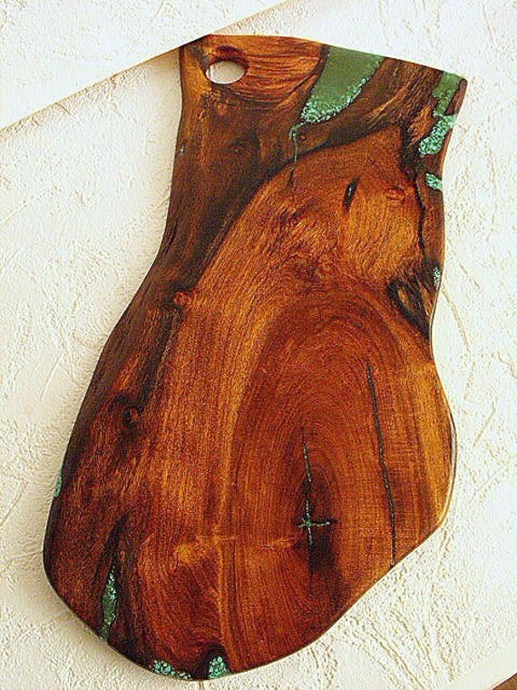 Figured Mesquite Wood Cutting Board With Turquoise Inlay