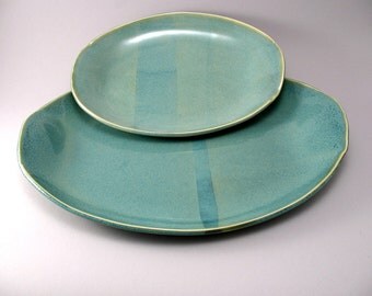 Stoneware Oval Serving Platters-Pottery Tray-Dinnerware-Tableware-Teal-Handmade-Set of 2