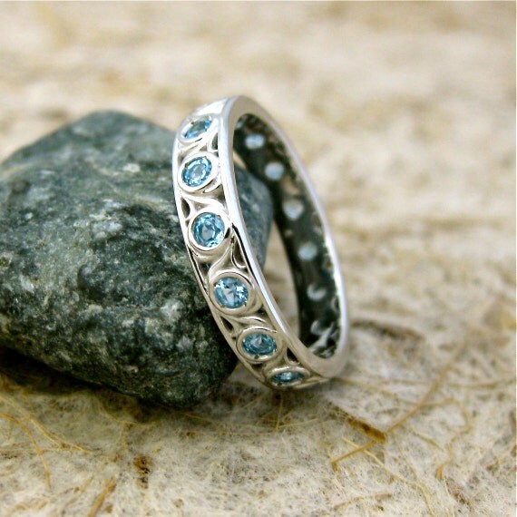 Blue Topaz Wedding Ring in 14K White Gold with Floral Scroll