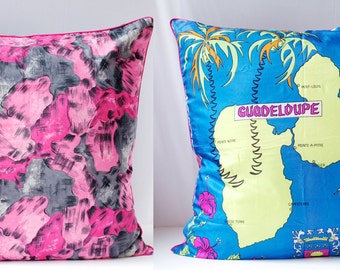 Vintage Scarf Pillow Cover, SILK, GUADELOUPE - Decorative OOAK Large Handmade Upcycled Home Decor