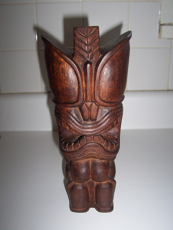 Carved Wood Tiki Statue Figurine Polynesian Grinning Tiki with