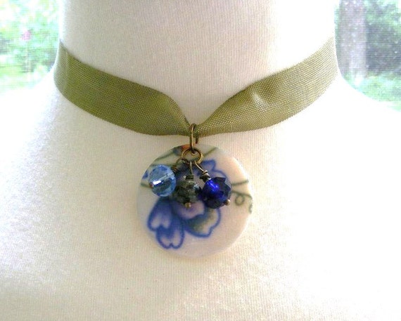 Floral Painted Shell Pendant with Bead Drop by meiguidesigns