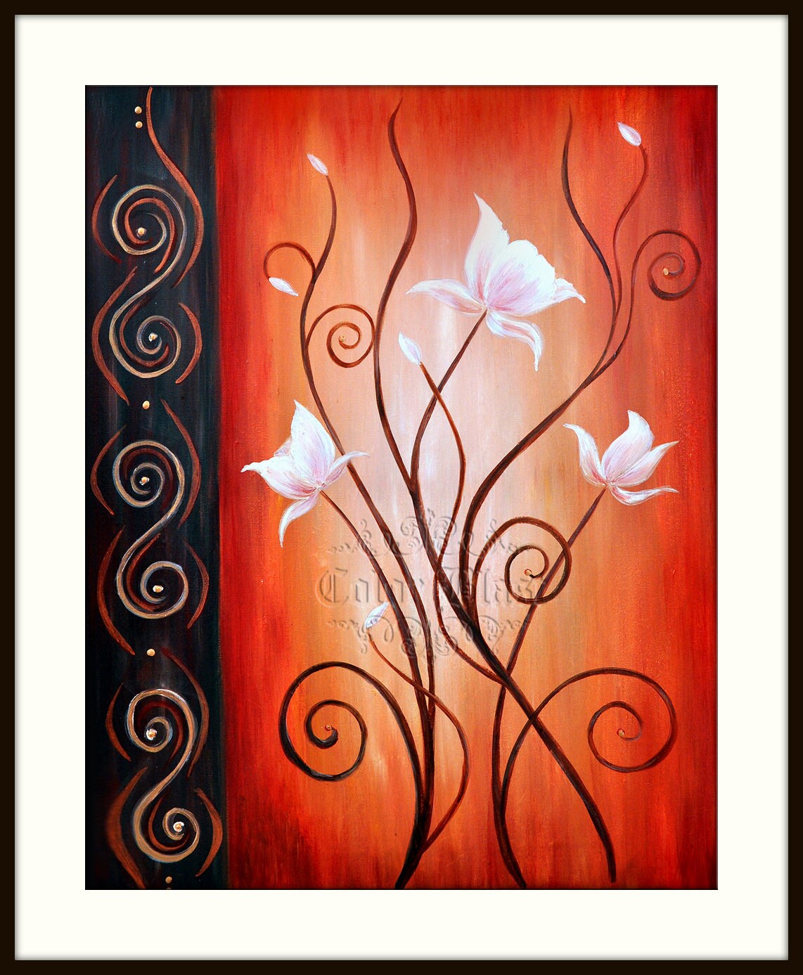 White Flowers White Lotus on Orange Background. 11 x