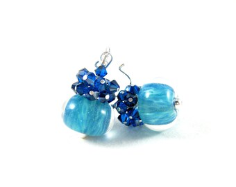 Blue Crystal Earrings, Blue Boro Lampwork Earrings, Azure Blue Glass Earrings, Turquoise Blue Earrings, Cluster Earrings - Blue Monday