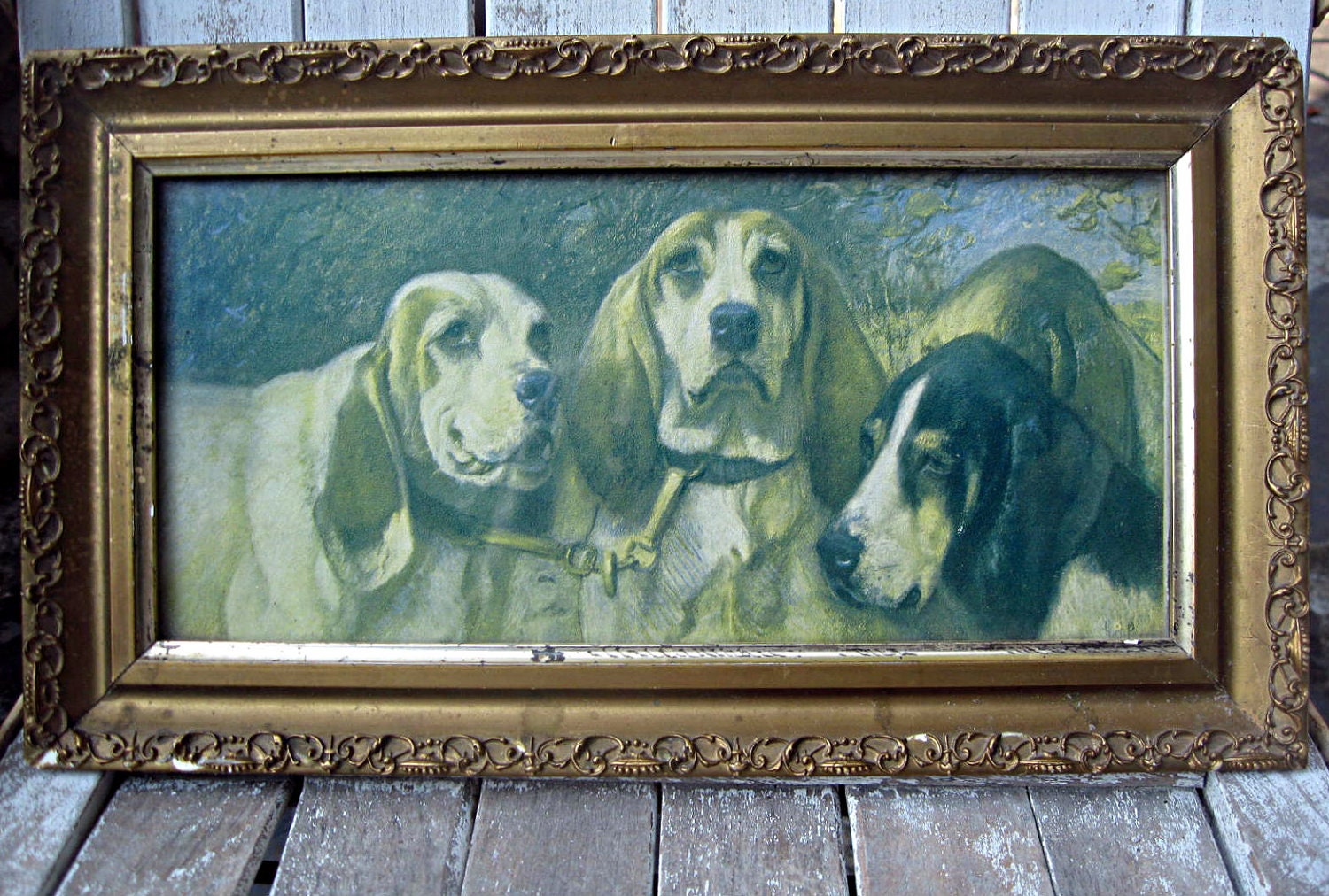Vintage framed dog print ornate gold frame great dog